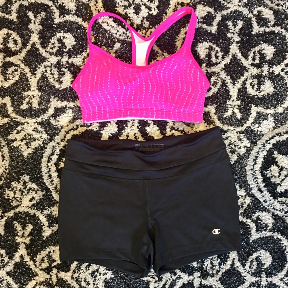 Champion pink sports bra 34B & yoga shorts medium